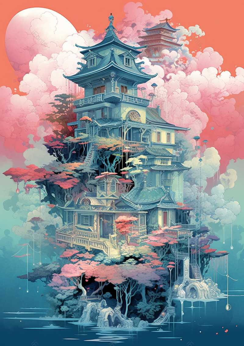 原创唯美古代高楼建筑中国风水上建筑插画,插画/手绘图,插画/手绘图库,插画/手绘图下载,插画/手绘